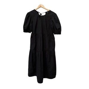 Nobody's Child Black Maxi Dress Women's Sz 8 Tiered Short Puff Sleeve Tie Back